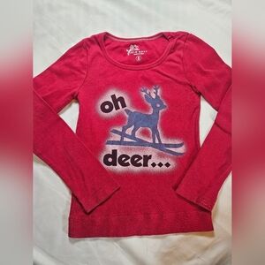 Old Navy Girls Red Long Sleeve "Oh Deer" Crewneck Pullover Top Size Small